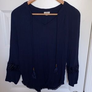 Elegant Navy Blouse with Tassel Details